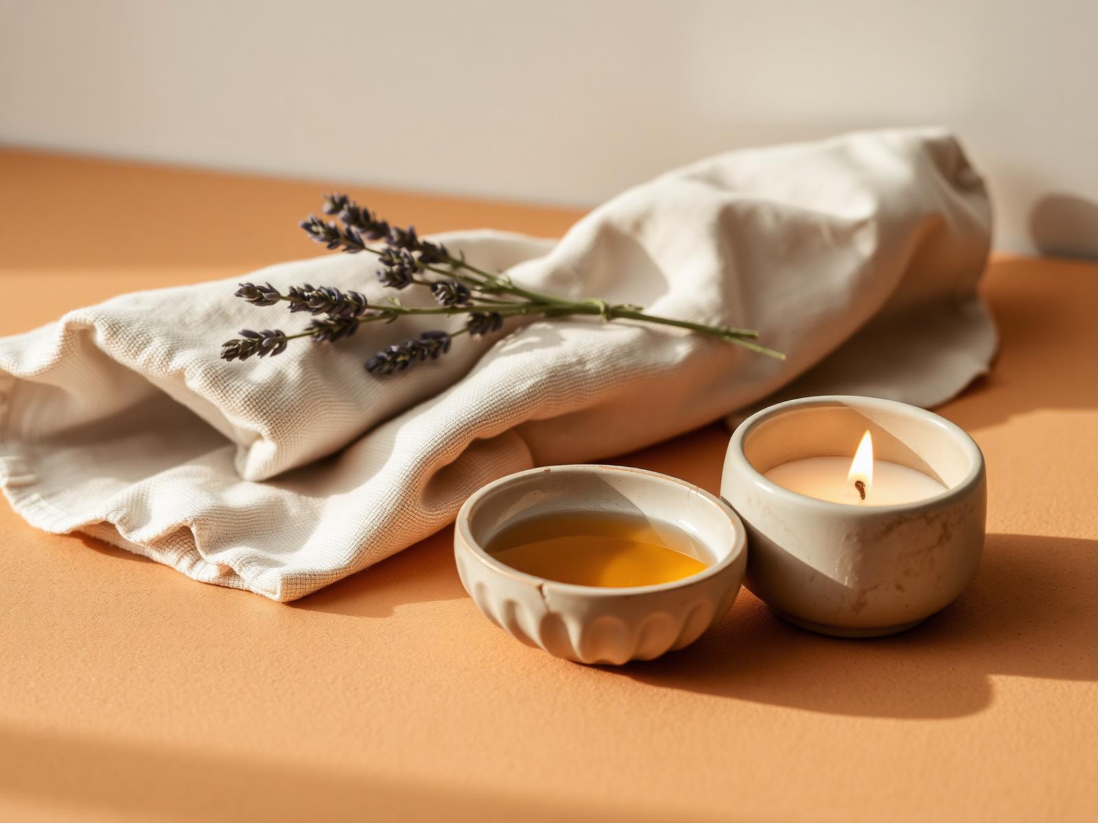 Calm wellness still life with lavender, essential oil and a candle